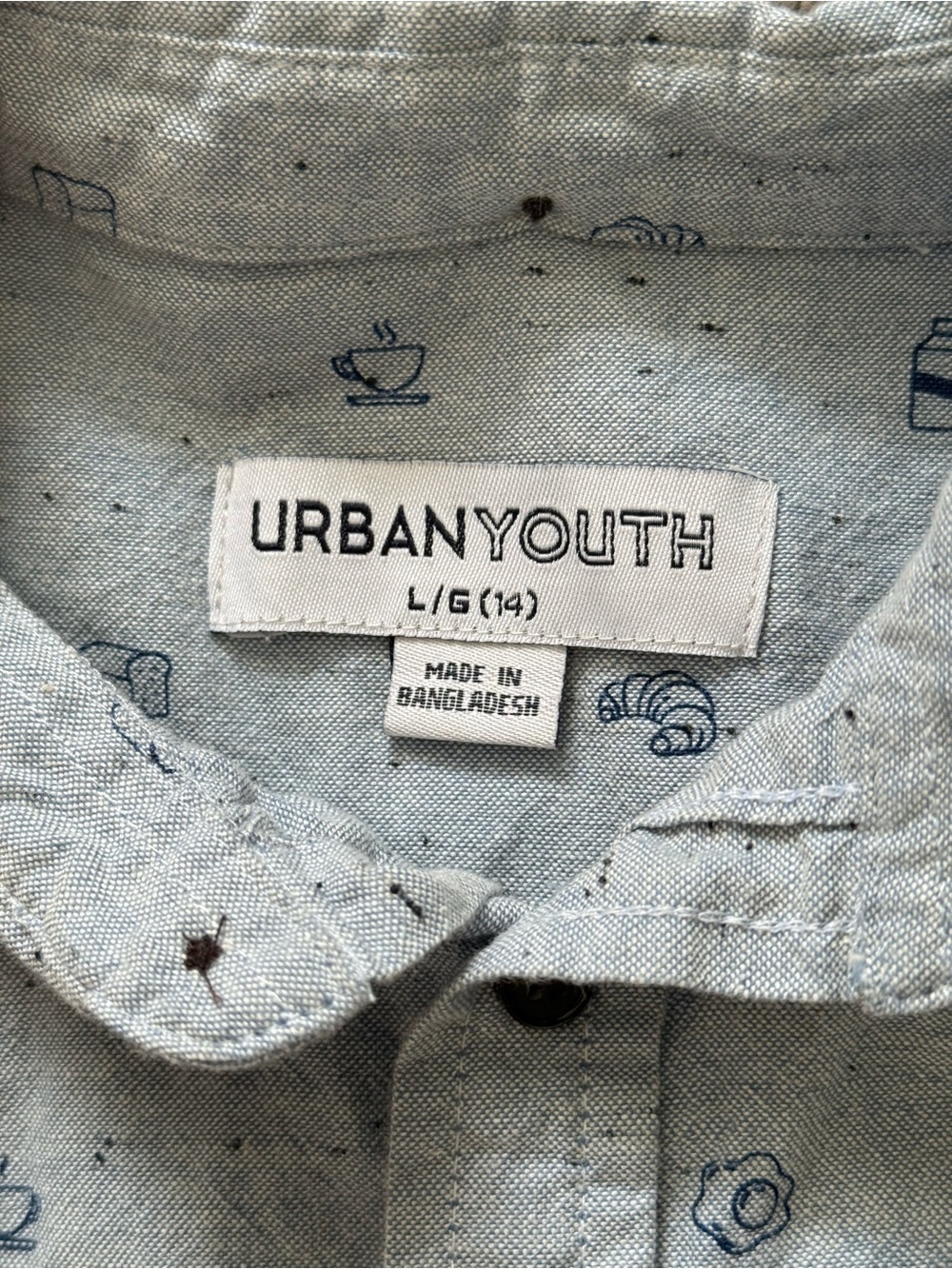 Boy’s Urban Youth Light Blue Grey Breakfast Print Button-Up Long Sleeve Shirt - Picture 7 of 8